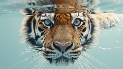 Naklejka premium Majestic tiger diving into water, underwater shot, closeup wide angle, showing grace and power, ripples around, capturing the essence of wild nature and hunting prowess
