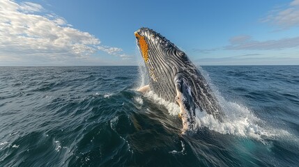 A stunning realistic photo of a whale breaching in the ocean, underscoring the importance of marine conservation and the protection of marine wildlife. , Minimalism,