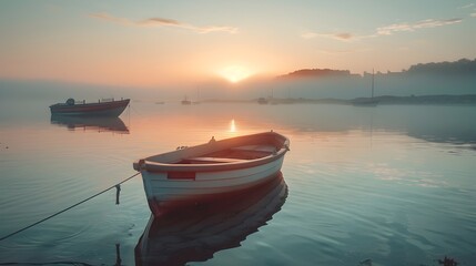 Naklejka premium Peaceful Harbor Scene at Sunrise with Bobbing Boats in Tranquil Waters