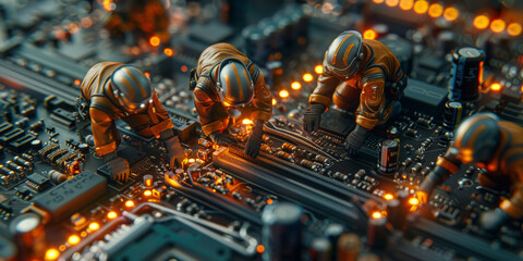 A group of detailed miniature individuals technicians engaged in repairing the internal workings on circuit board of electronic device.