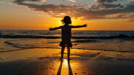 Fototapeta premium child, silhouette, sunset, beach, Happy, fun --no blur, grunge, splash, dust --ar 16:9 Job ID: aad6746b-10e3-463f-8548-d3631c3c2af1