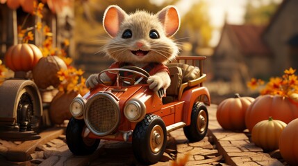 Adorable cartoon mouse driving a vintage car through a charming autumn town with pumpkins. Perfect for children's book illustrations, greeting cards, and whimsical designs.