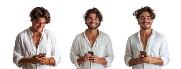 Handsome young men cheerful and happy in summer a white linen shirt with phone isolated on transparent, png