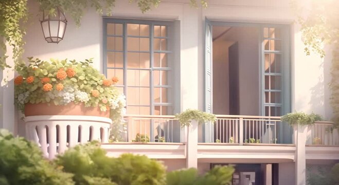 Balcony with mini garden animation background Cartoon or anime watercolor digital painting illustration style seamless looping video animation background 4k animation