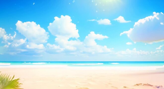 Beautiful beach in summer theme with blue sky background Cartoon or anime watercolor digital painting illustration style seamless looping video animation background 4k animation