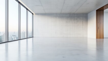 Fototapeta premium A large, empty room with a wooden door and a window by AI generated image