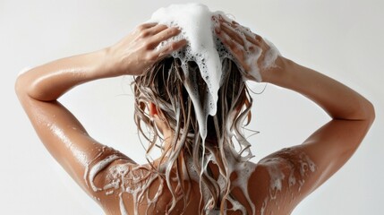 Naklejka premium A womans back is shown as she washes her hair in the shower, lathering with shampoo and allowing the foam to run down her wet locks