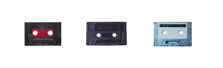 Obraz premium Set of old music cassette tape. transparent background PNG. Nostalgic items from the 1980s. 80s retro music tape. 