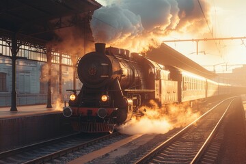 Retro steam train departs from the station.