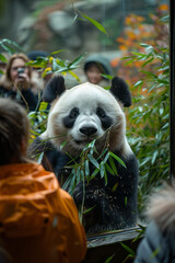 Obraz premium Close-up of visitors watching a panda eating bamboo in a beautifully landscaped exhibit,