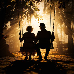 Old couple sitting during sunset