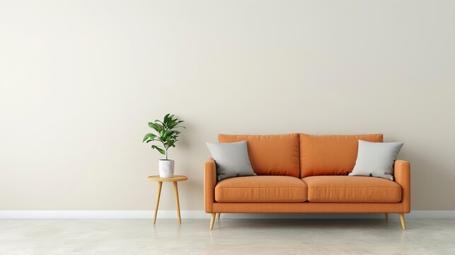 Minimalist living room with orange sofa and plant on side table.