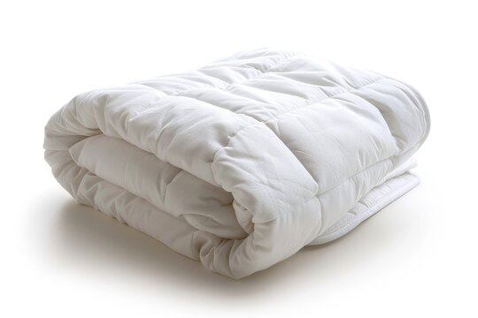Folded white comforter on minimalist white background