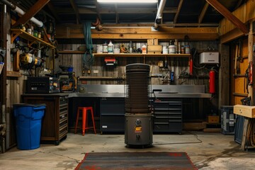Industrial Garage Workshop with Heater and Mechanical Tools - Rugged, Functional Space for Repairs