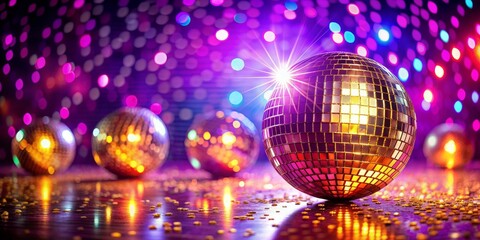 70s disco ball on dance floor - retro party scene - colorful background - purple and gold lighting - dance, party, festive music