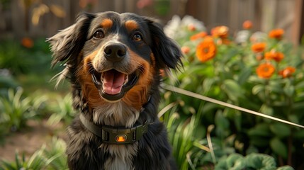 Happy Dog with GPS Collar in Yard - Modern 3D Render with Boundary Line, Space for Text