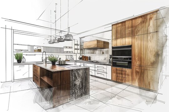 Kitchen sketch drawing design. Ai generative