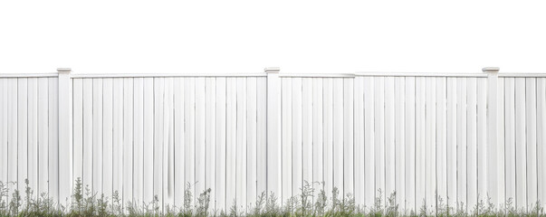 Fototapeta premium Horizontal view of a tall white slatted vinyl privacy fence against a clear, ideal for residential or commercial property use.