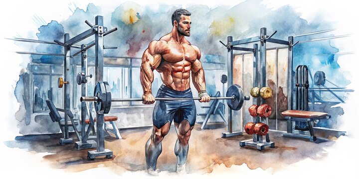 Abstract watercolor gym art banner illustration, isolated on white, AI generated.