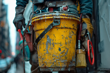 Close-up of a window washer&acirc;&euro;&trade;s bucket with various cleaning tools inside, hanging from their belt,