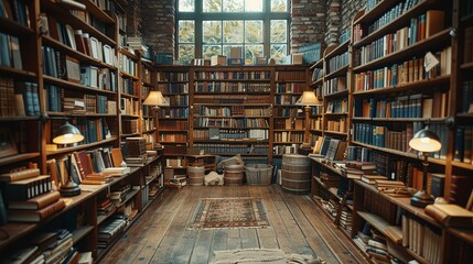 Fototapeta premium Vintage Charm: Side View of Charming Old Bookstore with Wooden Shelves and Vintage Lamps