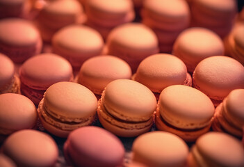 Obraz premium A close-up view of a large assortment of colorful macarons in various pastel shades, including pink, green, and orange, arranged in a visually appealing manner.