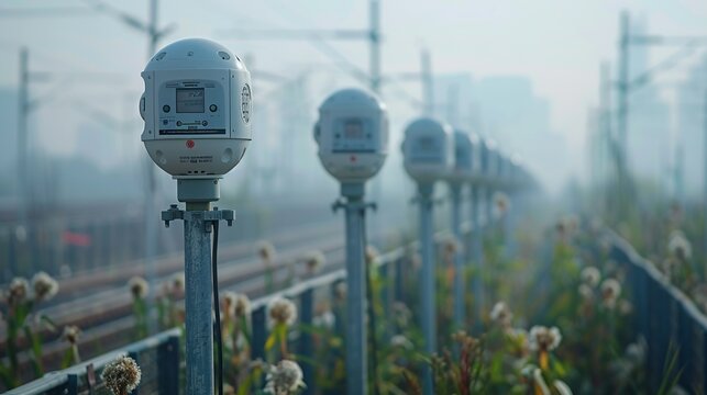 Realistic photo of air quality monitoring stations, illustrating the implementation of the Clean Air Act through real-time tracking of pollutants. , Minimalism,