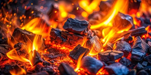 Blazing embers ignite an abstract canvas, casting crimson and amber hues on the fiery background.