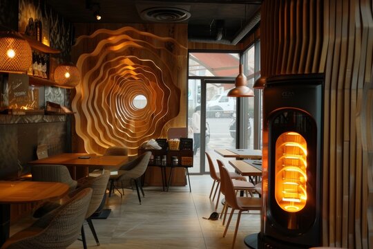 Modern Designer Heater in Trendy Café Interior with Artistic Elements Creating Warm and Inviting Ambiance
