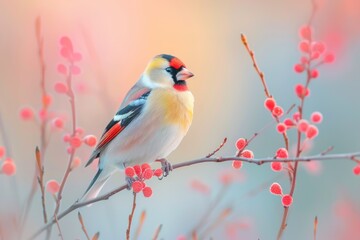 Fototapeta premium Goldfinch, isolated on pastel background, stock photographic style