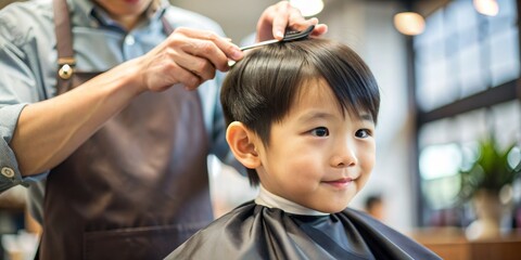 Blurred background image of a child receiving a haircut in a salon.