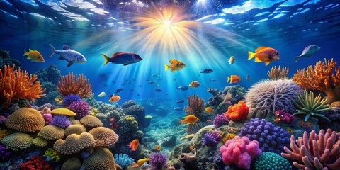 Blue water tropical reef with beautiful sunlight shining, featuring colorful tropical coral reef, marine life, and various fish species.