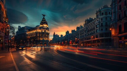 Obraz premium spain twilight street gran skyline city madrid sunset europa night landscape famous traffic view light architecture landmark metropolis evening place downtown travel spanish building scene.