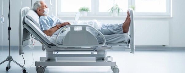 Fototapeta premium An elderly patient lying in a hospital bed, working on a laptop, with various medical equipment and an IV stand nearby in a brightly lit hospital room.