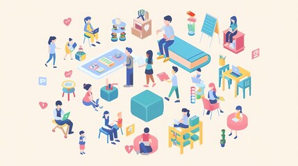 School community, with illustrations of students, teachers, and parents working together to create a supportive school community