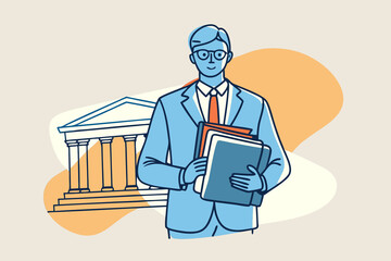lawyer holding books with courthouse background, Law and Justice Concepts, Law Day, International Justice Day, Constitution Day, Human Rights Day, Arbitration Day, simple colorful illustration