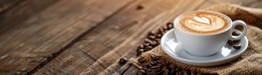 Cup of freshly brewed cappuccino with latte art on a rustic wooden table, surrounded by coffee beans.