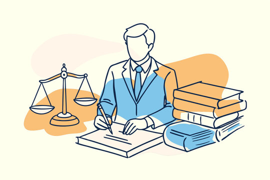 lawyer working, scales and book stacks are on the table, Law and Justice Concepts, Law Day, International Justice Day, Constitution Day, Human Rights Day, Arbitration Day, simple colorful illustration