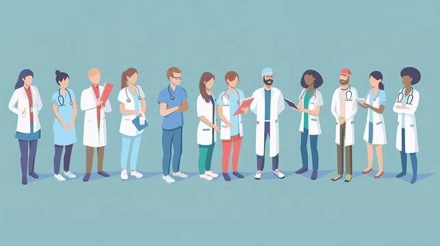 Medical team, with illustrations of a diverse group of healthcare professionals working together, including doctors, nurses, and technicians