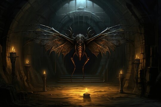 Nightmare insect-like chimera monster in a dungeon