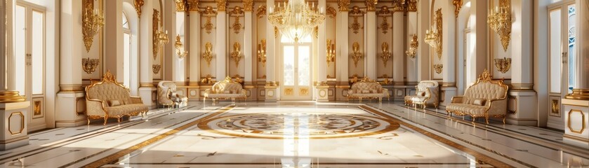 Obraz premium Elegant golden palace interior with luxurious decor, chandeliers, and large windows letting in sunlight, reflecting grandeur and opulence.