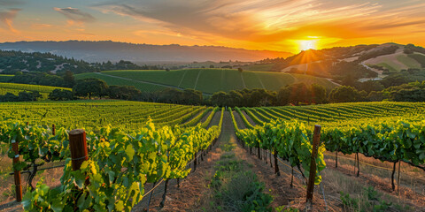 Naklejka premium Scenic Vineyard Landscape at Sunrise with Rolling Hills and Lush Green Vines