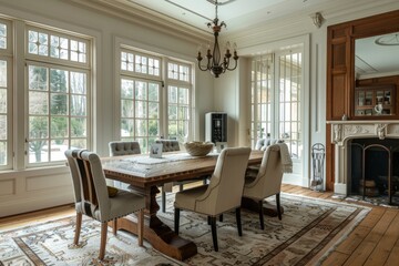 Fototapeta premium Elegant Dining Room with Modern Freestanding Electric Heater and Sophisticated Decor