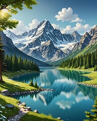 A serene mountain lake scene with snow-capped peaks reflected in the calm blue water.