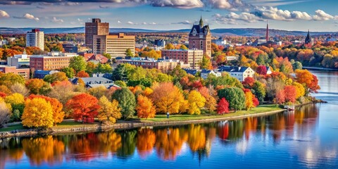 City buildings and lush autumn foliage near the Saint John River, Fredericton, New Brunswick, Canada