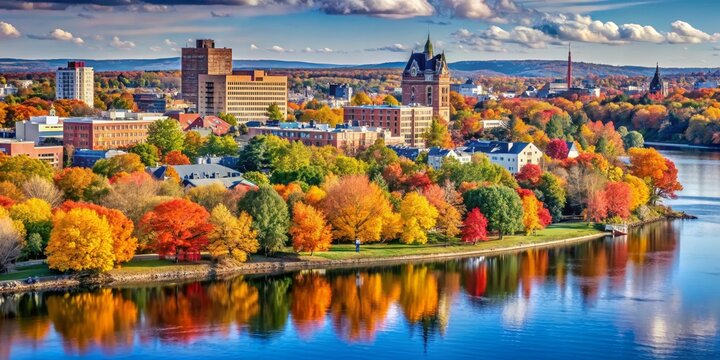City buildings and lush autumn foliage near the Saint John River, Fredericton, New Brunswick, Canada