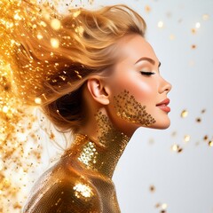 Abstrakcyjny portret kobiety o blond włosach pokrytej złotem