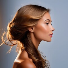 Naklejka premium Portret kobiety z ciemnymi blond włosami na białym tle