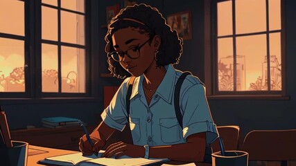 Lofi study girl with cat cartoon flat illustration. Black female doing homework 2D linear background. Notebook writing desk. lo-fi, hip-hop style. Anime manga style. 4K Motion graphics Animation Video