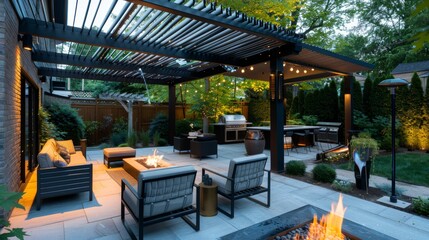 Fototapeta premium Cozy Outdoor Lounge with Gas Patio Heater, Modern Furniture, Fire Pit, and Pergola Lighting